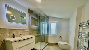 A modern bathroom with a glass shower enclosure, a toilet, and a vanity with a mirror. - Excl. Apartment with panoramic view of the Stralsund skyline - Seeblick Rügen (Altefähr)