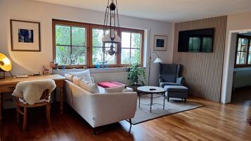 Smart-TV, Kamin, Tischtennisplatte, Bücher