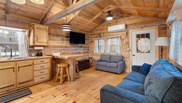 Interior de una cabaña con paredes de madera, un sofá, una mesa de comedor y un televisor.