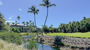 Un campo da golf con uno stagno, palme e un edificio a più piani.