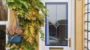 Une porte blanche avec un panneau en verre bleu et une poignée en laiton.