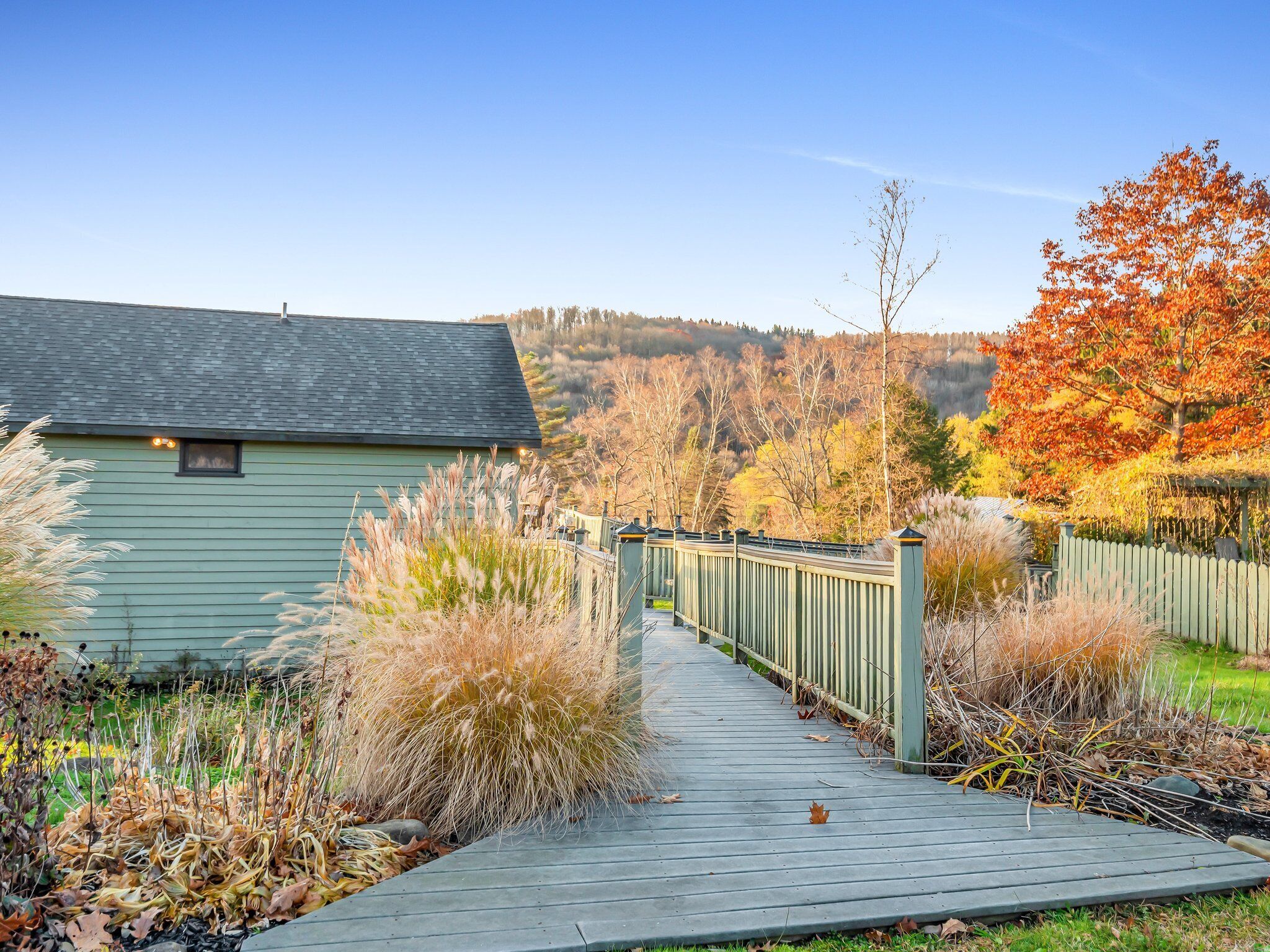 A wooden boardwalk leading to a green building with a sloped roof, surrounded by autumn foliage and tall grasses.
