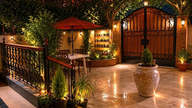 An outdoor patio area with a table and chairs, potted plants, a red umbrella, and a gated entrance. - Sol Pyramid Inn (Giza)