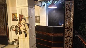 A reception area with a decorative plant, a reception desk, and a patterned wall. - Sol Pyramid Inn (Giza)