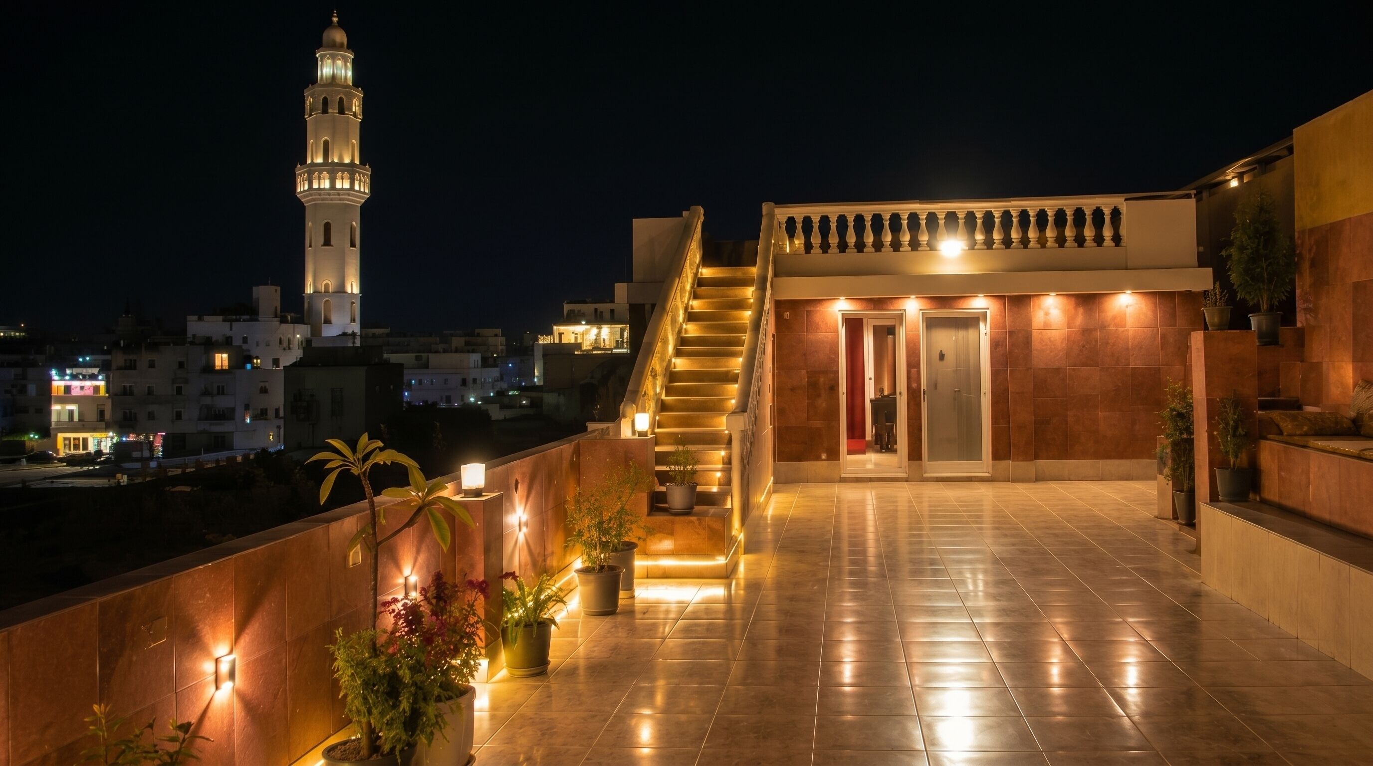 A rooftop terrace with a staircase, potted plants, and a view of a mosque.