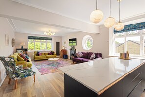 Télévision, cheminée, baby-foot, livres