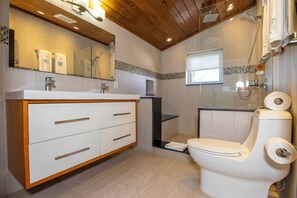 Shower, towels, soap, shampoo