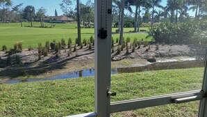 A room with a view of a grassy field, a small pond, and palm trees. - Naples Florida Paradise - 2 week Min Stays (Naples)