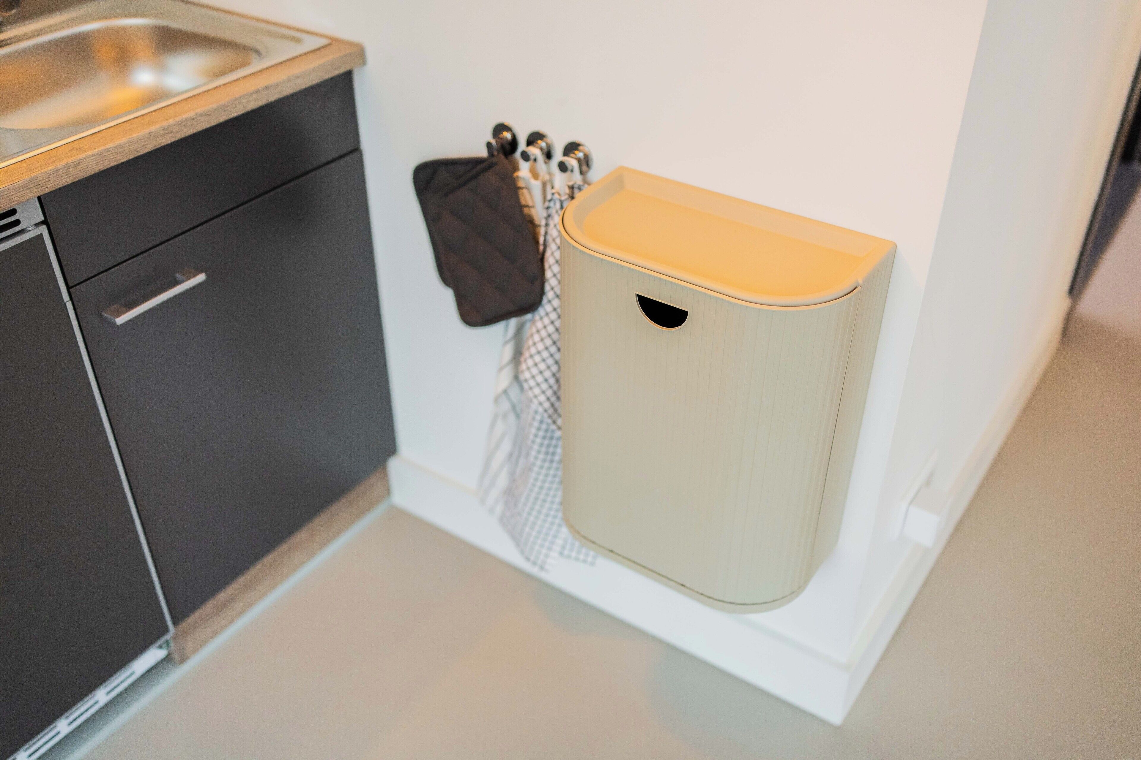 A kitchen with a sink, a cabinet, and a hanging towel rack.