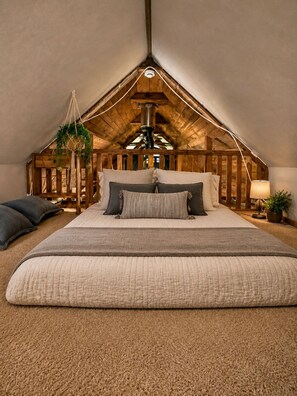 Une chambre confortable avec un plafond en pente, un lit agrémenté de plusieurs coussins, une plante suspendue et une lampe.