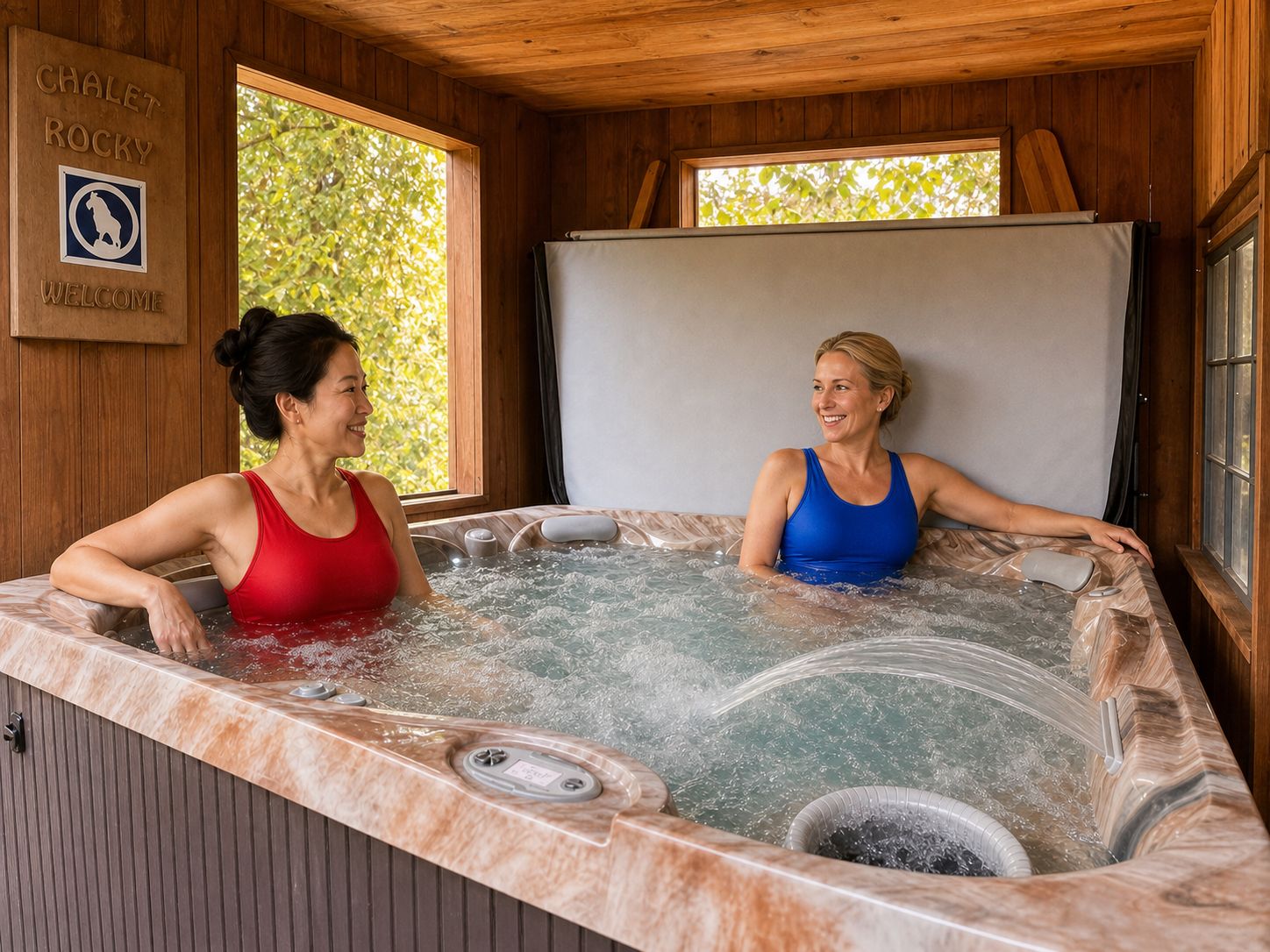 Two people in a hot tub with wooden walls and a sign that reads 'Chalet Rocky Welcome.'