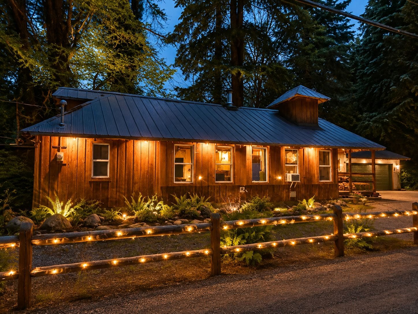 A wooden cabin with a metal roof, surrounded by a gravel path and a wooden fence with string lights.