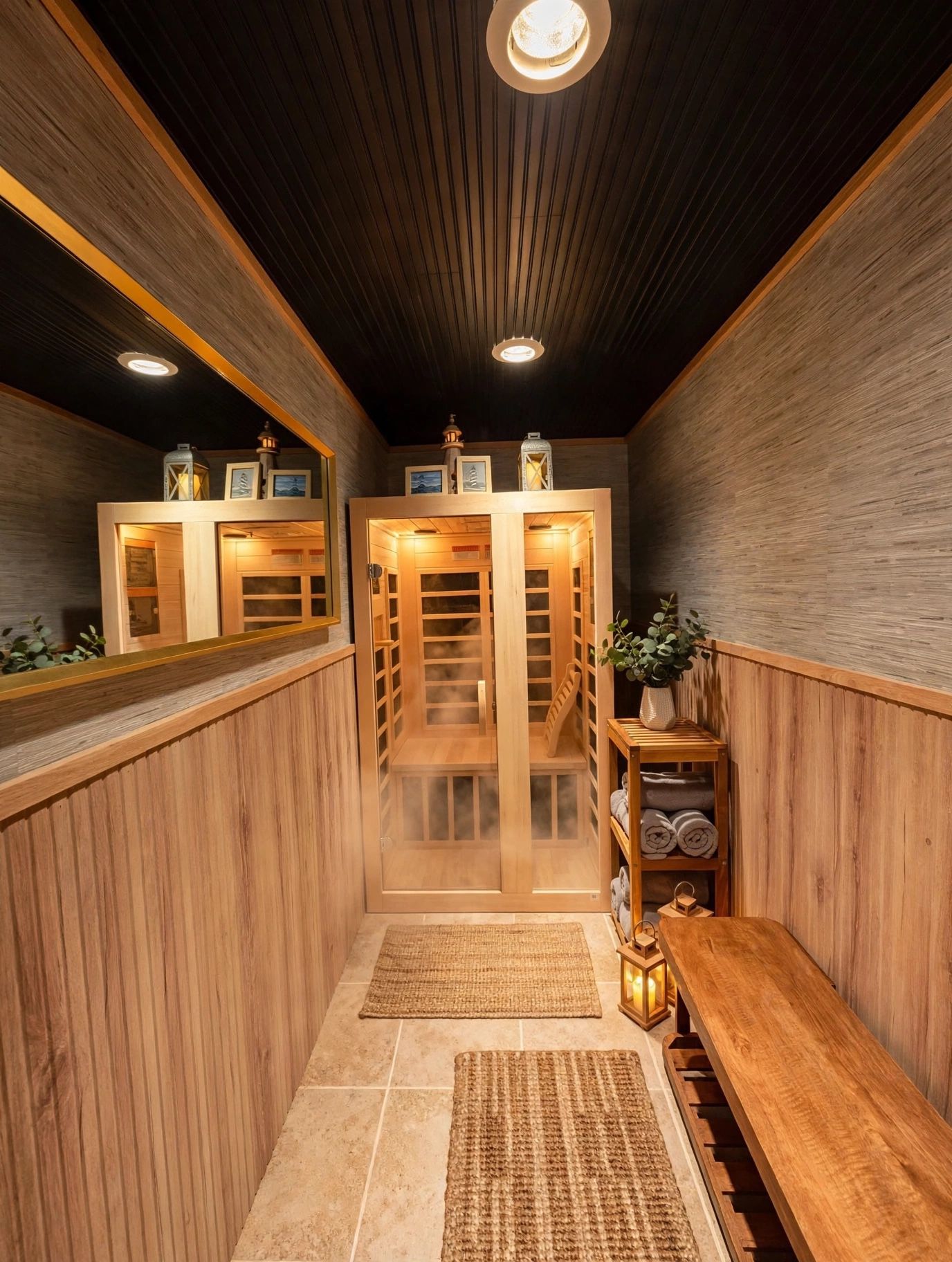 A sauna room with wooden walls, a bench, a shelf with towels, and a mirror.