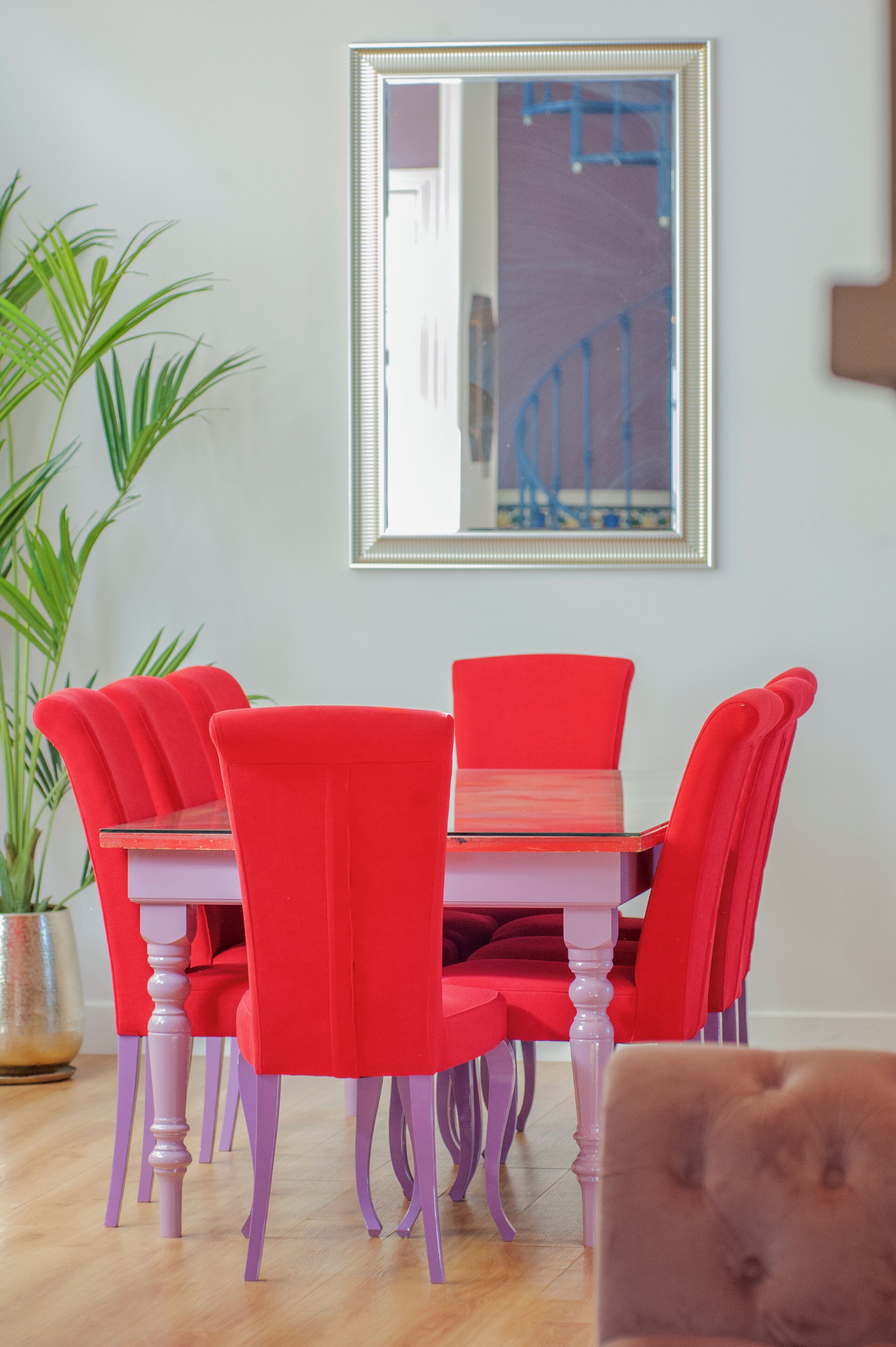 A dining area with a table and chairs, a potted plant, and a mirror on the wall.