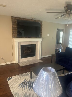 TV connectée, cheminée, livres