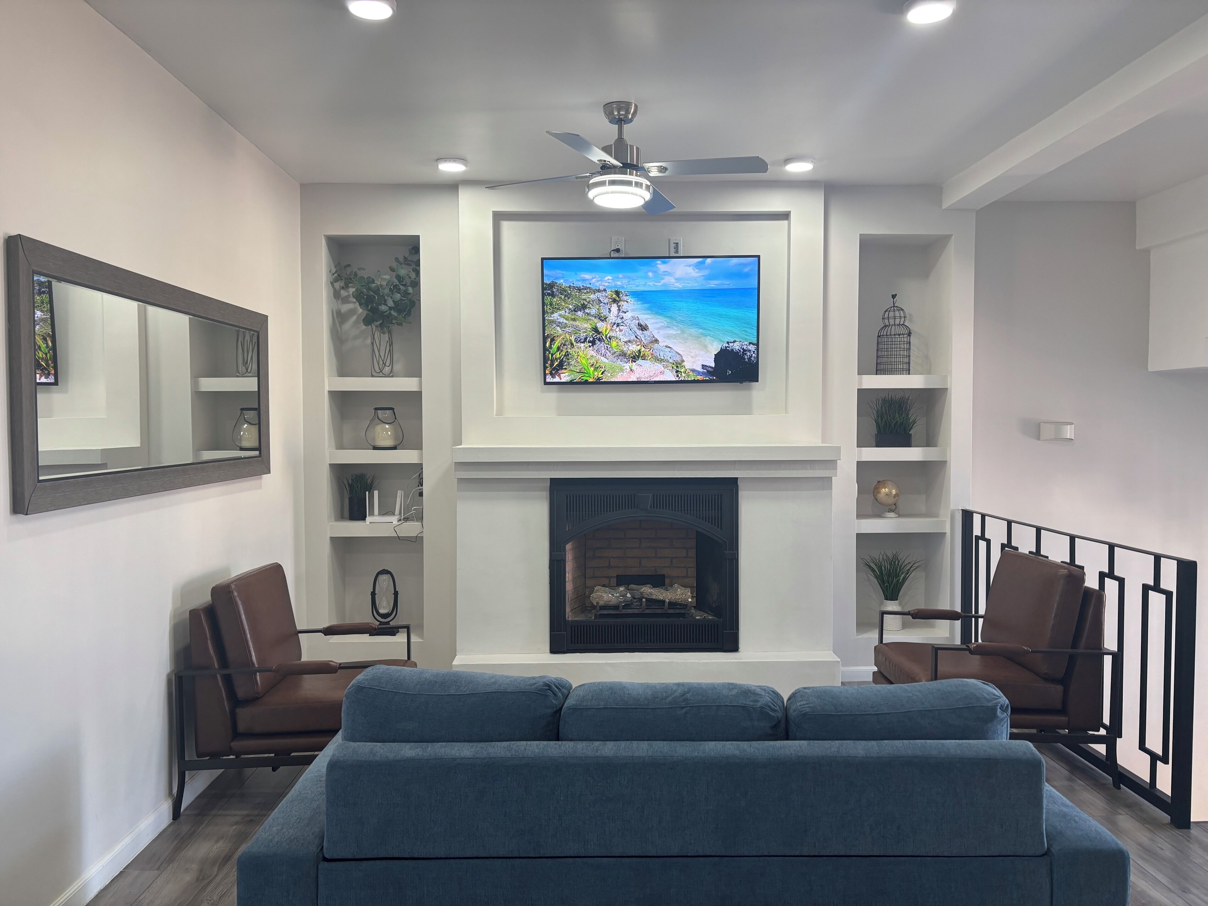 Smart TV, fireplace, foosball