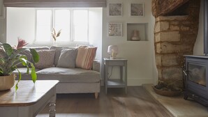 Un salon chaleureux avec un canapé, une petite table ornée d’une plante, une lampe et une cheminée en pierre.