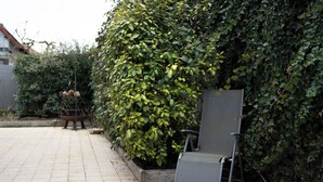 Ein gepflasterter Weg mit einem Metallstuhl und einer hohen Hecke.