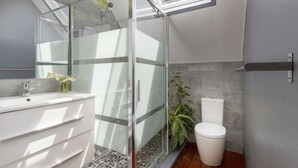 Ein modernes Badezimmer mit Duschkabine aus Glas, einem weißen Waschbecken und einer Blumenvase sowie einer Toilette.