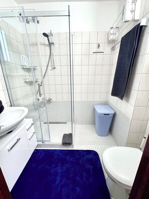 Secadora de cabello, toallas, jabón, papel de baño 