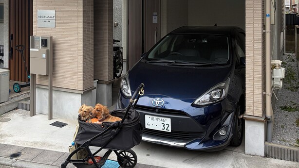 A car parked in a covered parking area with a stroller and a dog nearby. - Near Ikebukuro area Divers & Bikers room (板橋区)