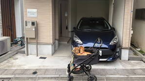 A parking garage entrance with a car and a stroller with two dogs. - Near Ikebukuro area Divers & Bikers room (板橋区)