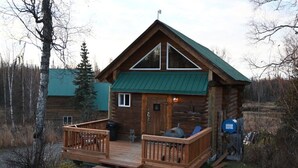 A log cabin with a green roof, a porch with wooden railings, and a small deck area. - The Loon's Nest Cabin (Trapper Creek)