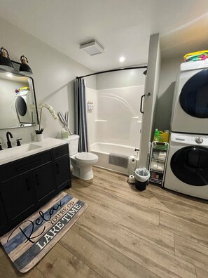 Hair dryer, towels, soap, shampoo