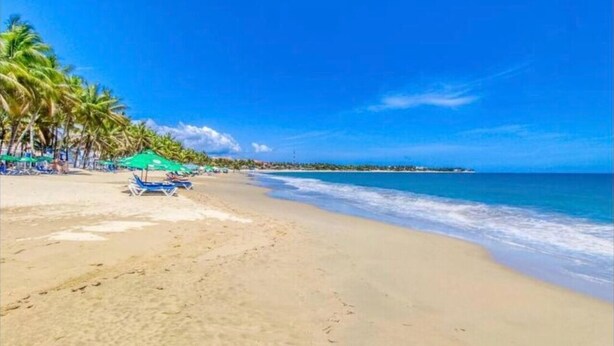 Une plage avec une eau d’un bleu limpide, des palmiers et des chaises de plage.