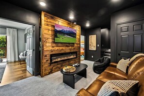 Smart TV, fireplace, video games, DVD player