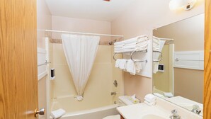 Un baño con ducha, inodoro y lavamanos. Hay toallas en un perchero y un espejo sobre el lavamanos.