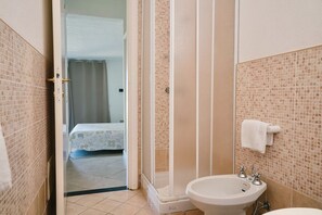 Shower, hair dryer, bidet, towels