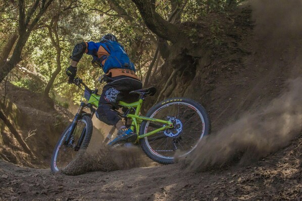 A mountain biker navigating a dirt trail.