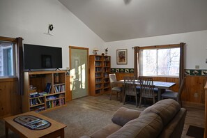 TV, DVD player, books, video library