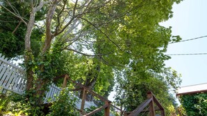 Una escalera de madera conduce a una terraza de madera rodeada de abundante vegetación y una valla blanca.