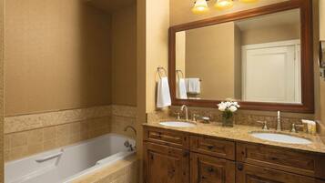 Jetted bath, hair dryer, towels, soap