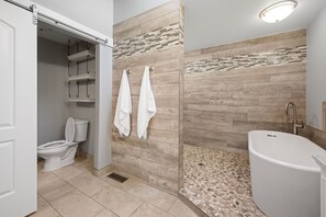 Shower, hair dryer, bidet, towels