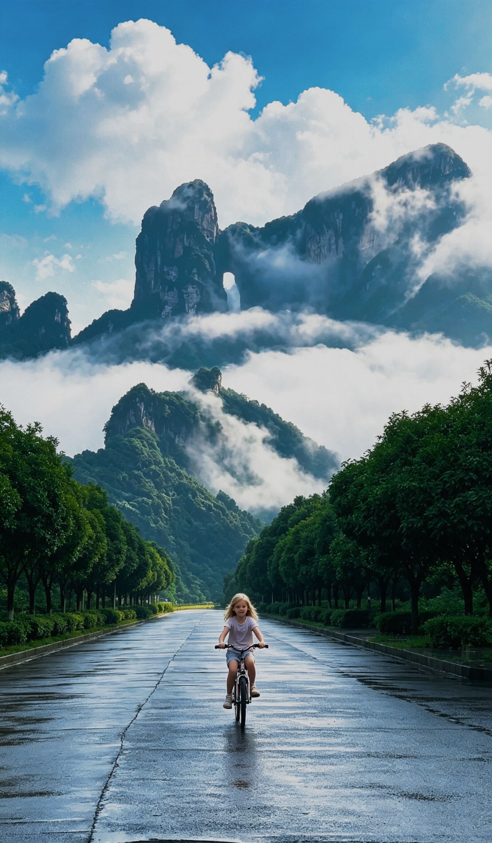 A child riding a bicycle on a wet road with a mountain and clouds in the background.