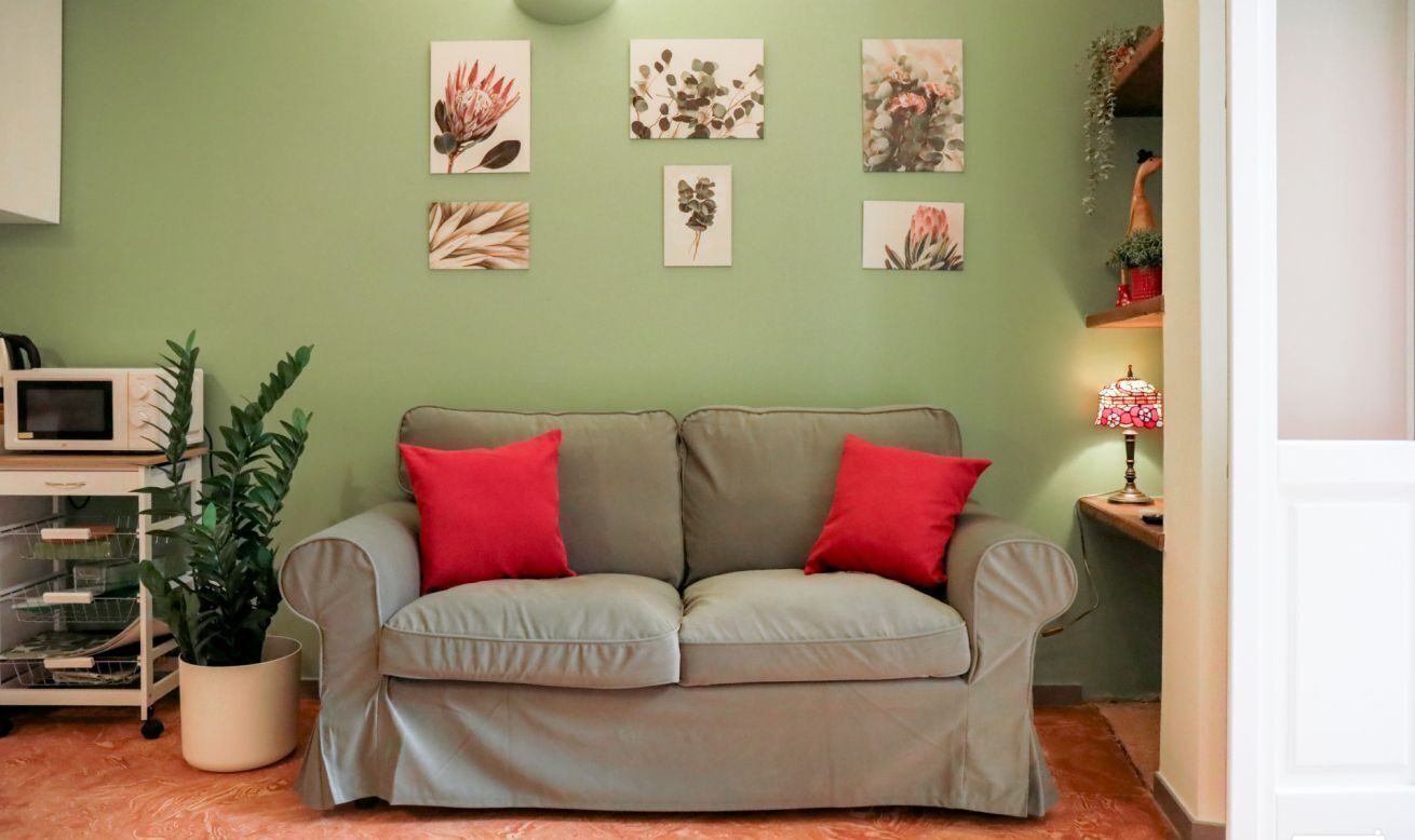 Un salon avec un mur vert, un canapé gris agrémenté de coussins rouges, une plante en pot et un four à micro-ondes posé sur un chariot.