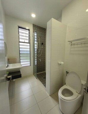 Shower, hair dryer, bidet, towels