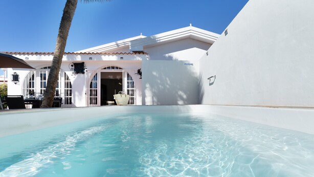 A swimming pool with clear water, a white building with a tiled roof, and a palm tree.