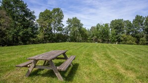 Ein Picknicktisch in einer grünen Wiese, im Hintergrund Bäume.