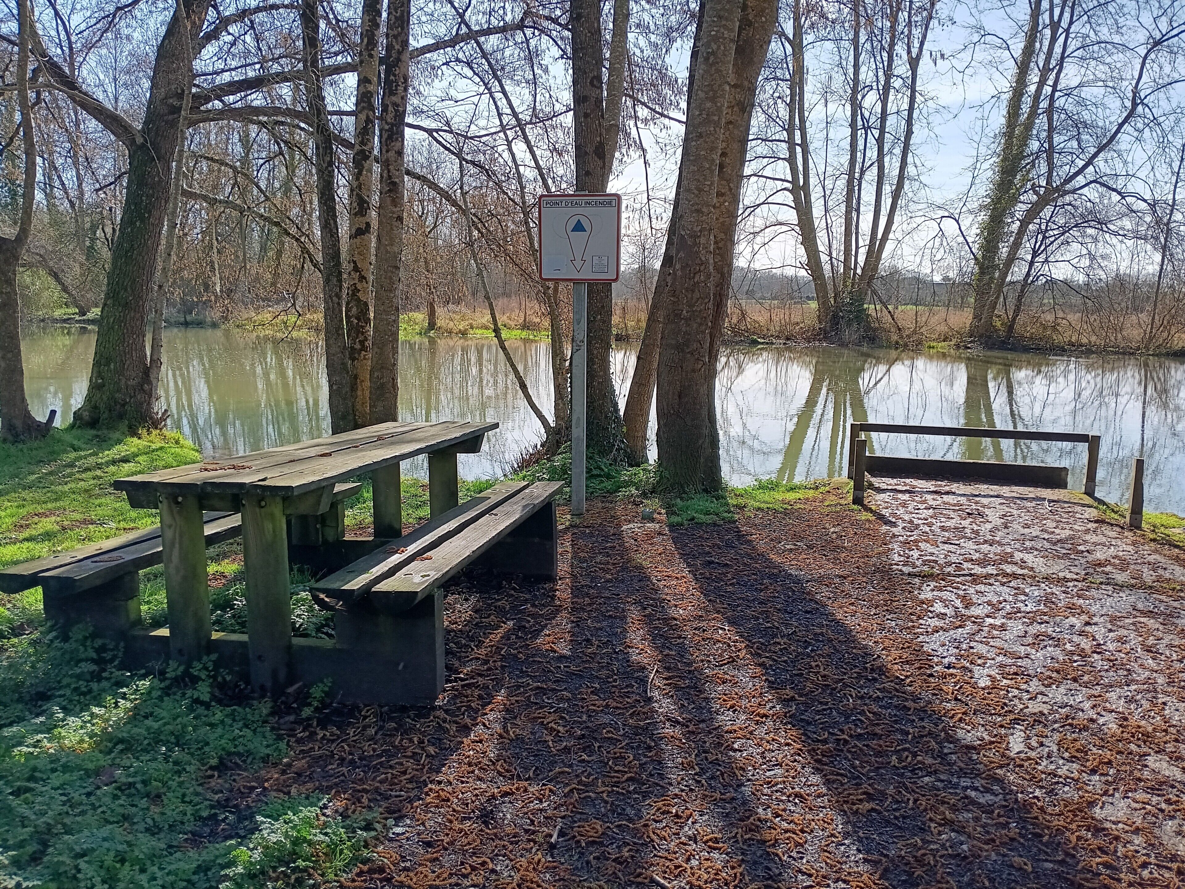 Zona de picnic con bancos y un cartel que señala un bebedero.