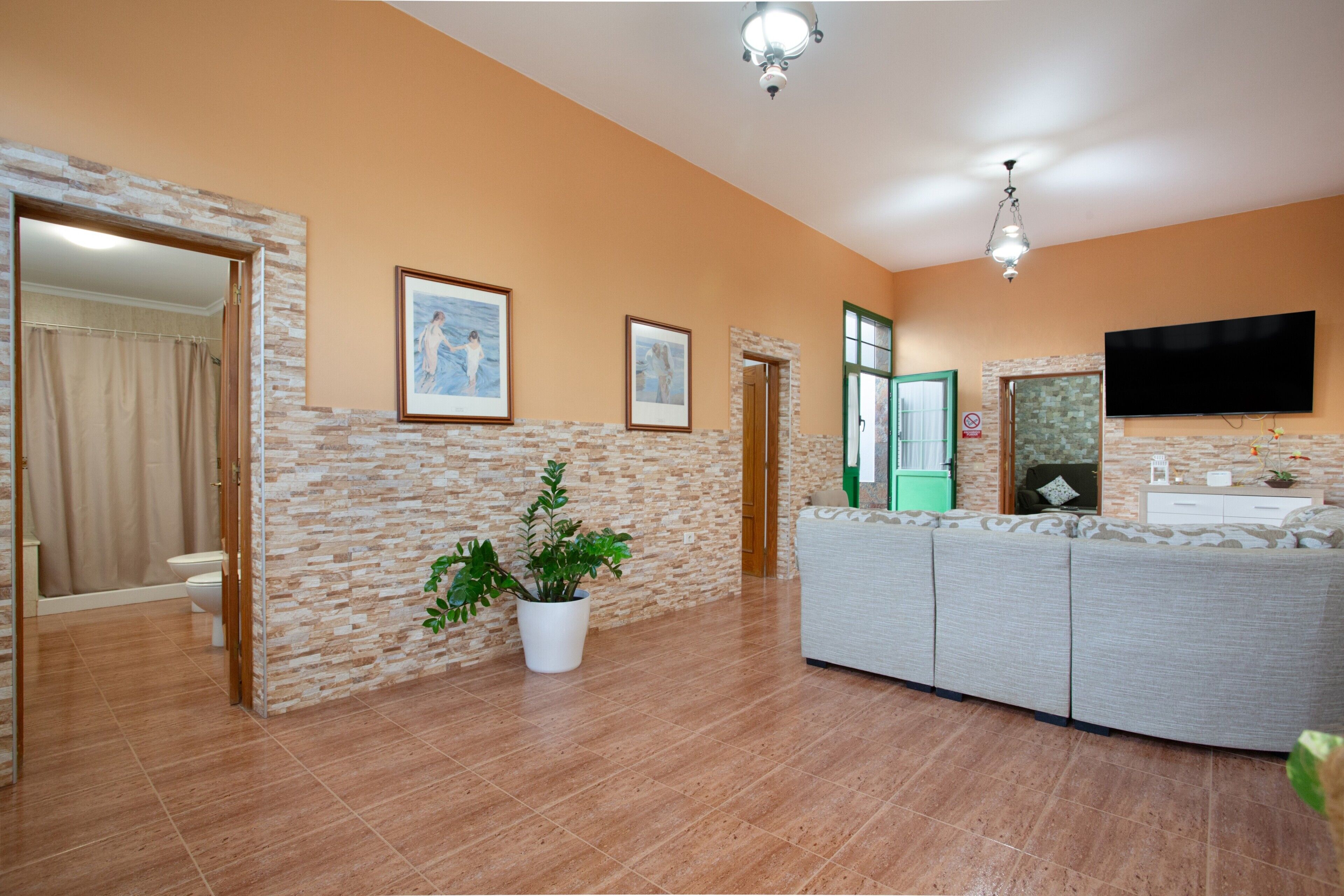 A spacious room with a stone accent wall, a large sofa, a flat-screen TV, and a potted plant.