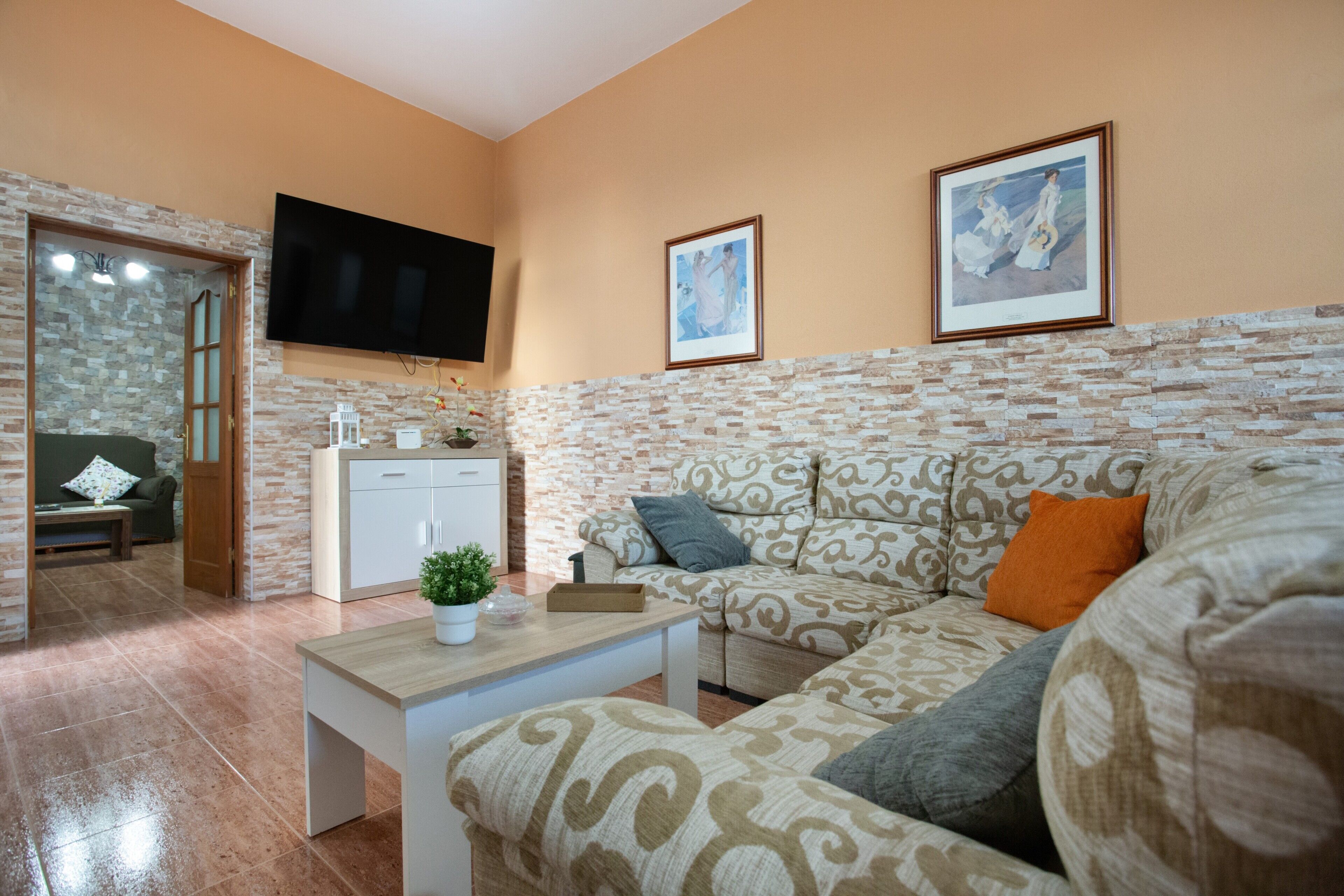A living room with a patterned sofa, a flat-screen TV, a small table with a plant, and a brick accent wall.