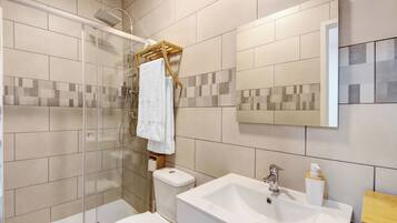 Shower, hair dryer, towels