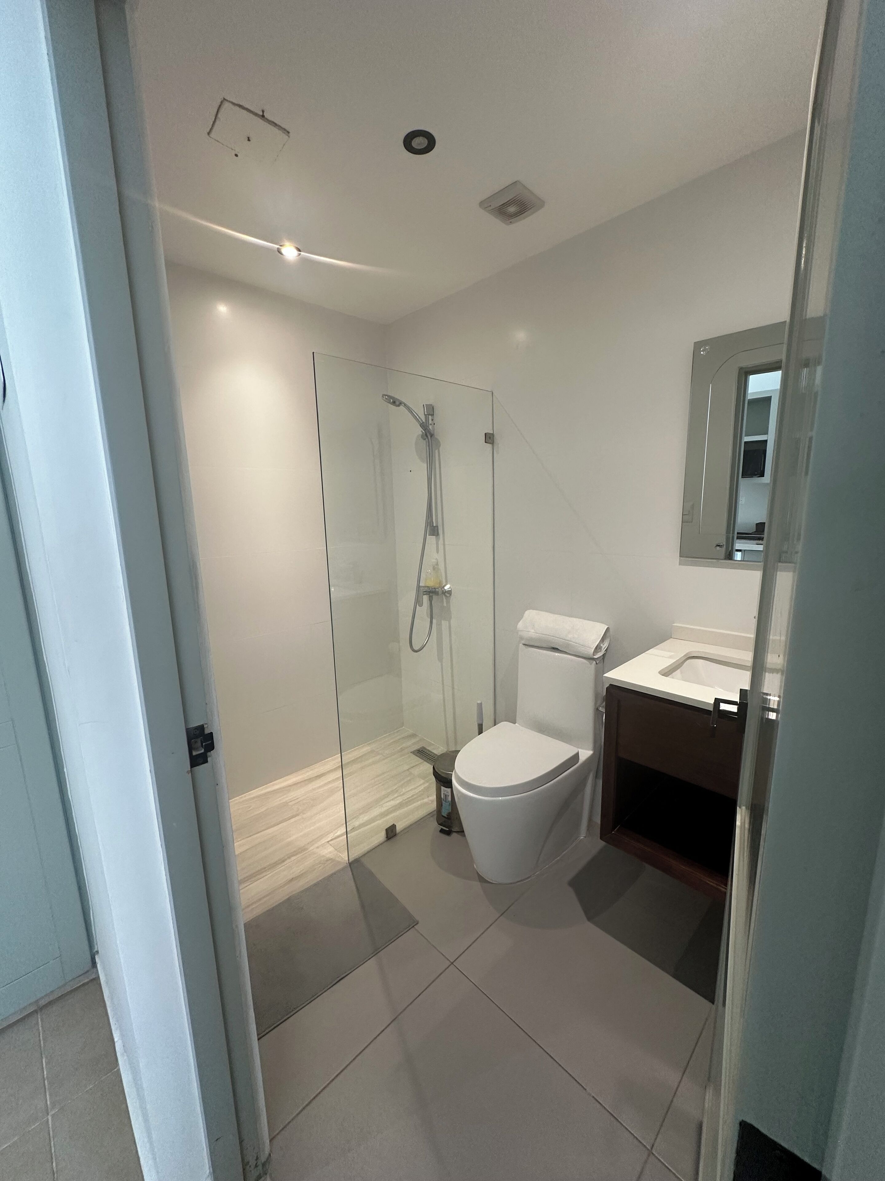 A modern bathroom with a glass-enclosed shower, a toilet, and a sink with a mirror above it.