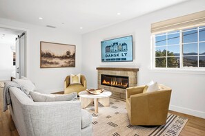 Smart TV, fireplace, books
