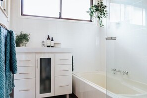 Hair dryer, towels, soap, shampoo