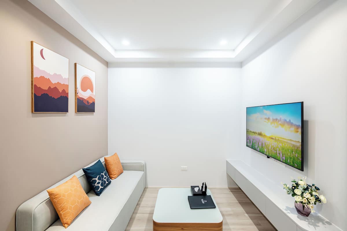 A modern living room with a sofa, coffee table, artwork, and a TV.